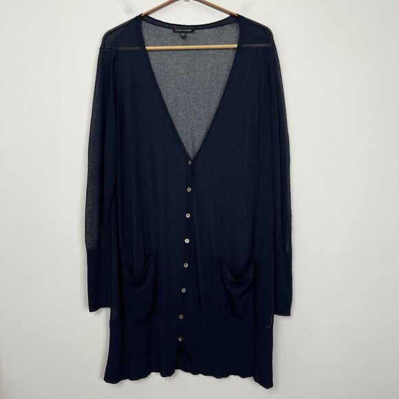 EILEEN FISHER Cardigan L Viscose Crepe Sheer Tunic Button Up Long Sleeve Navy - Picture 1 of 9